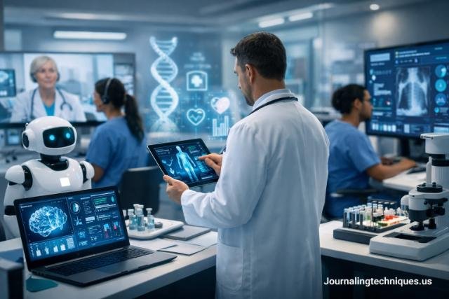 Doctor using digital healthcare technology and AI tools in a modern medical lab.