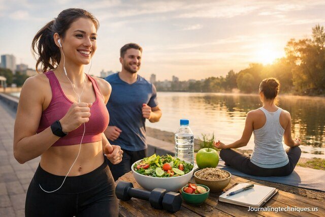 People exercising, meditating, and eating healthy outdoors to represent physical health and overall wellness.