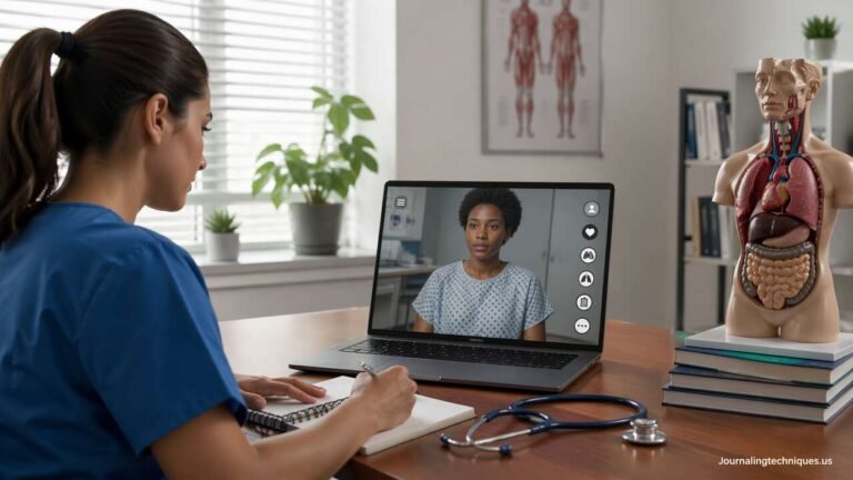 Healthcare student using virtual patient simulation on laptop