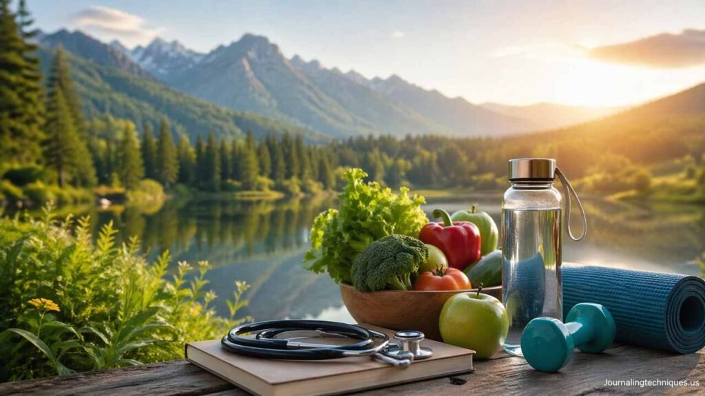 Prosper Health concept with fitness, nutrition, and preventive care tools by a serene lake