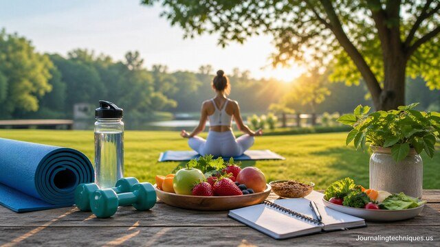 Physical wellness routine with yoga and healthy lifestyle elements outdoors