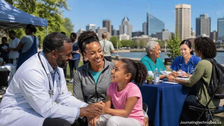 Community health fair with doctors and families in Baltimore