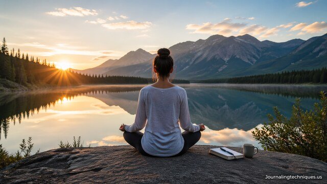 Person meditating by lake at sunrise for mental wellness