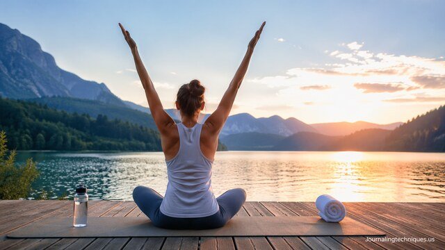 woman practicing yoga at sunrise by lake for wellness and freedom health