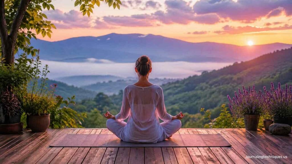 Woman meditating in nature at sunrise with lavender plants for holistic wellness