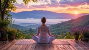 Woman meditating in nature at sunrise with lavender plants for holistic wellness