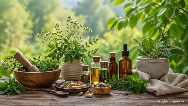Natural wellness herbs and essential oils on rustic table