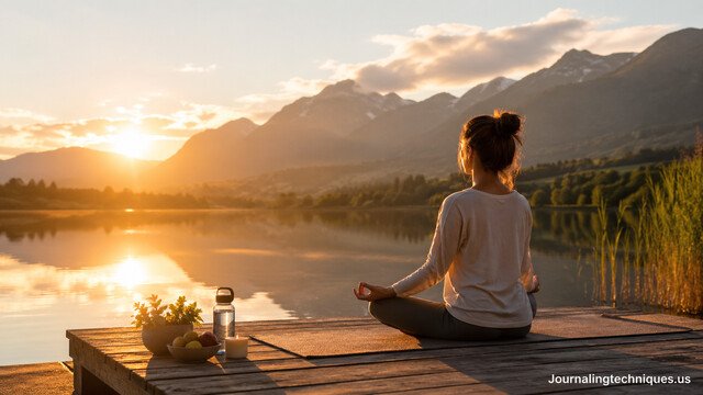 Woman meditating by a calm lake at sunrise for emotional wellness