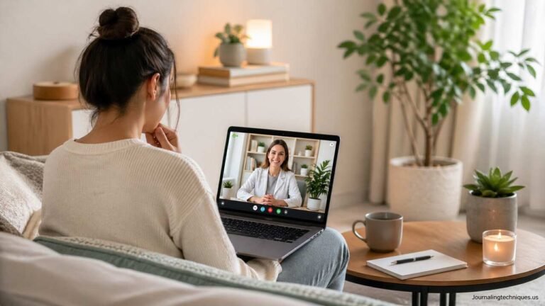 Woman in online therapy session at home using telehealth