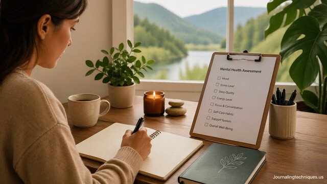 Person completing a mental health assessment while journaling in a calm workspace