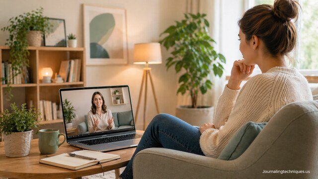 online therapy session at home with laptop