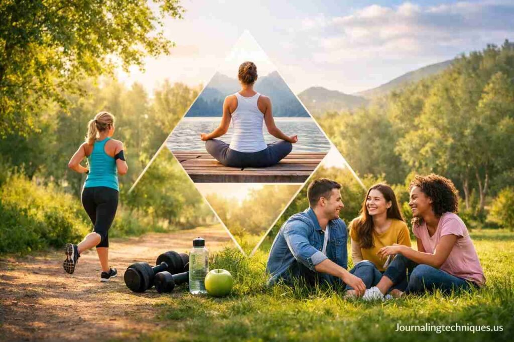 Health Triangle: Physical, Mental, and Social Wellness for a Balanced Life Health triangle showing physical, mental, and social wellness activities outdoors
