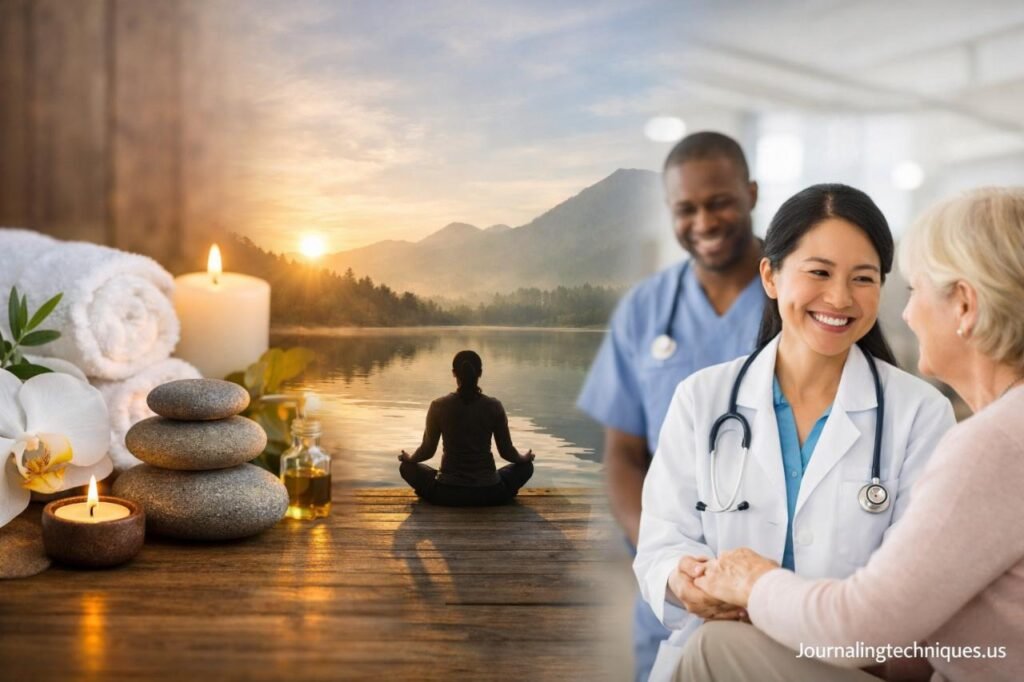 Holistic wellness and patient-centered healthcare scene with meditation and doctor support