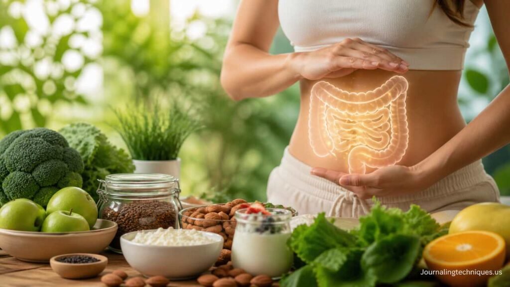 Gut health foods with glowing digestive system illustration