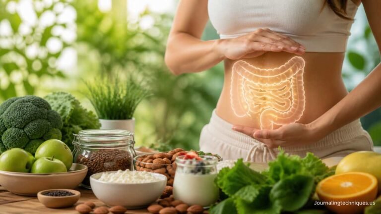 Gut health foods with glowing digestive system illustration