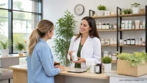 Healthcare professional assisting patient in a modern wellness clinic
