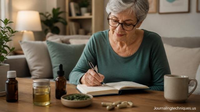 Woman journaling healthcare treatment progress at home