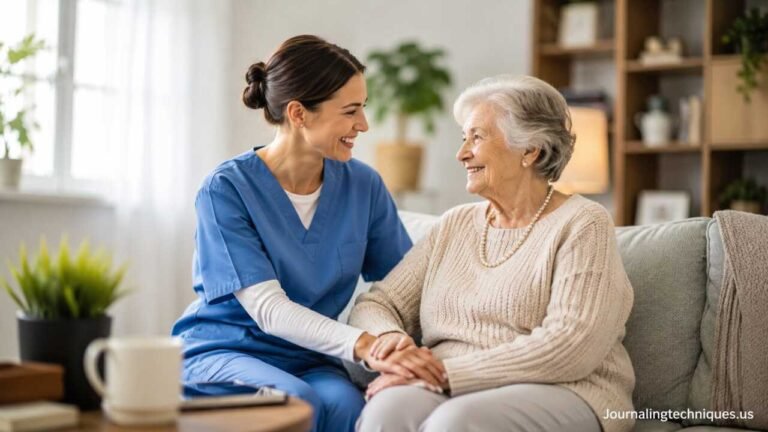 Nurse providing home health care assistance to an elderly woman at home
