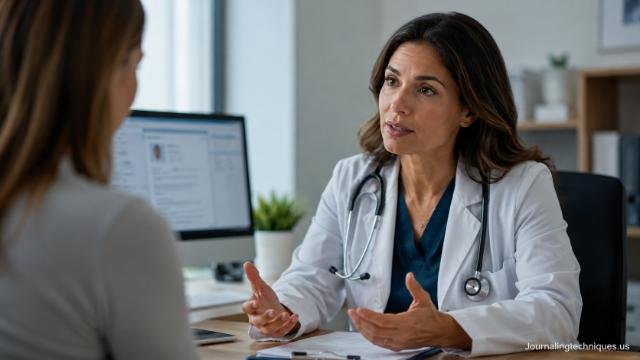 Brello Health physician discussing patient communication in a modern healthcare office