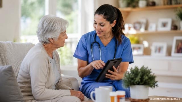 Nurse explaining Medicare home health payment details to an elderly patient at home