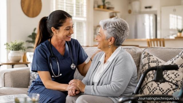 Caregiver assisting senior woman with home health support services