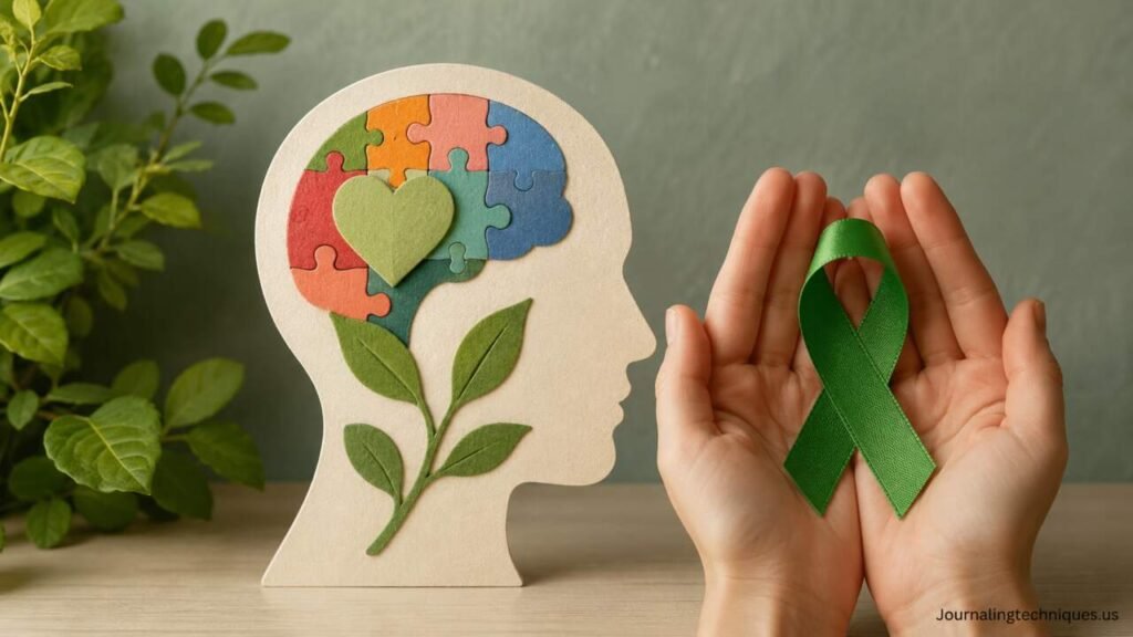 Mental health awareness symbol with green ribbon and supportive wellness concept