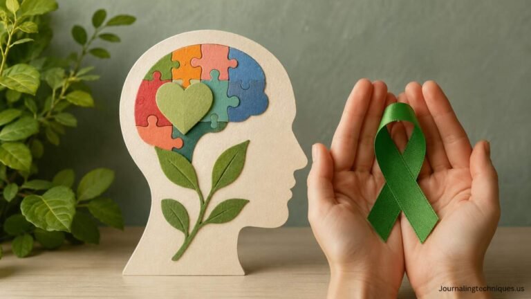 Mental health awareness symbol with green ribbon and supportive wellness concept