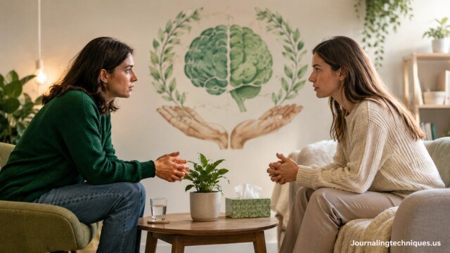 Hands holding symbolic mental health sculpture with growing plant