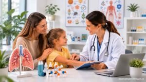 Doctor providing allergy and asthma care consultation to a family in a modern medical clinic