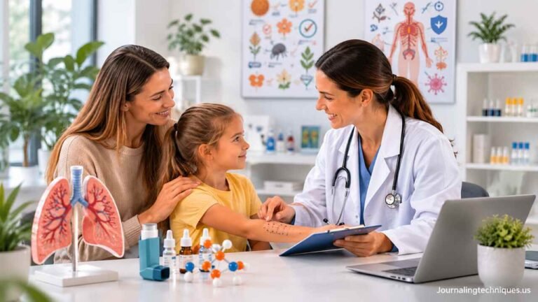 Doctor providing allergy and asthma care consultation to a family in a modern medical clinic