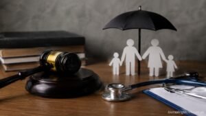 Health insurance legal concept with medical tools and judge gavel