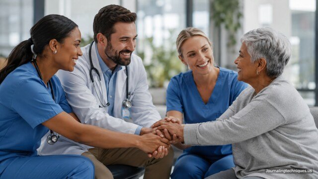 Healthcare professionals collaborating with a patient in a modern medical setting