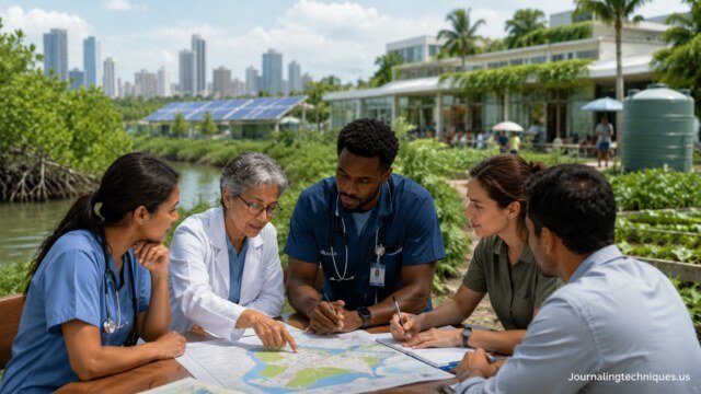 Healthcare professionals planning climate adaptation strategies for sustainable public health systems