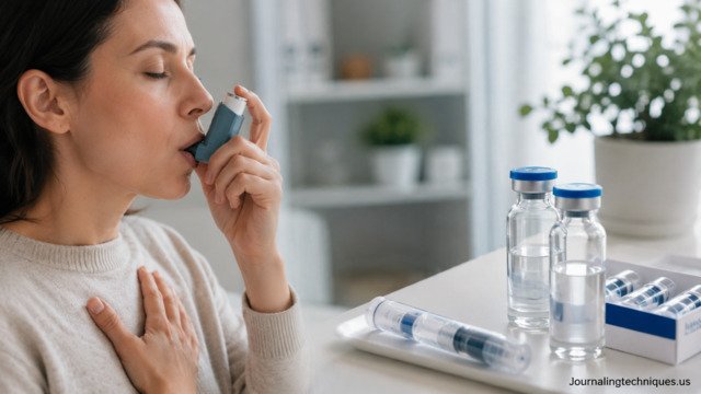 Patient using inhaler with biologic therapy medication for severe asthma treatment