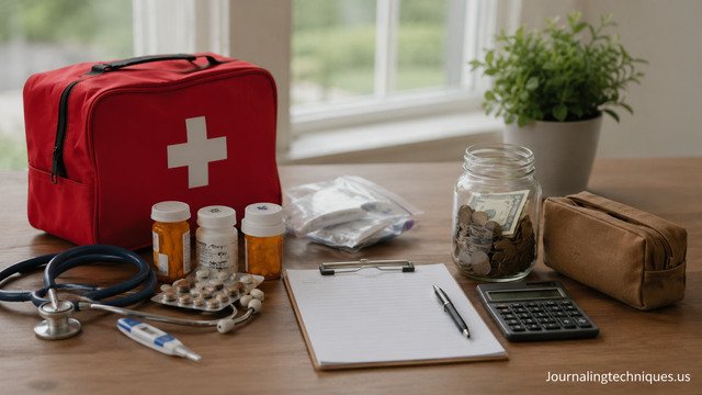 Medical emergency preparedness kit with savings jar and healthcare supplies