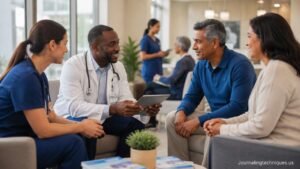 Healthcare professionals consulting patients in a modern medical clinic