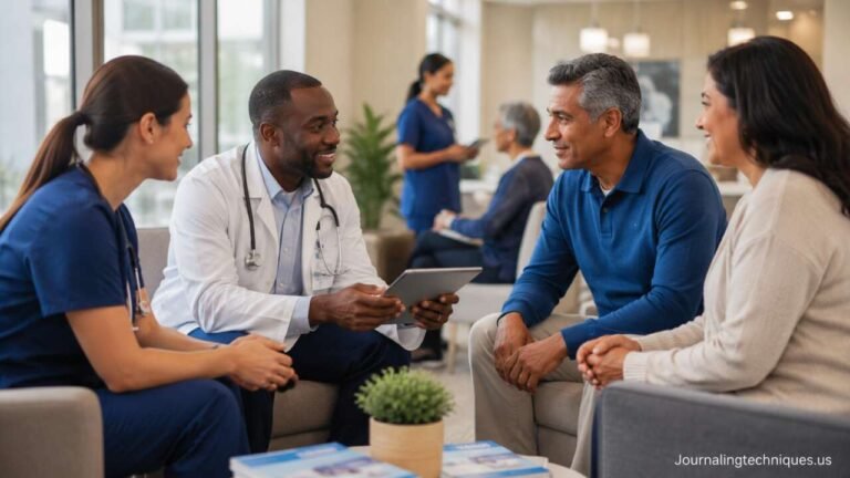 Healthcare professionals consulting patients in a modern medical clinic