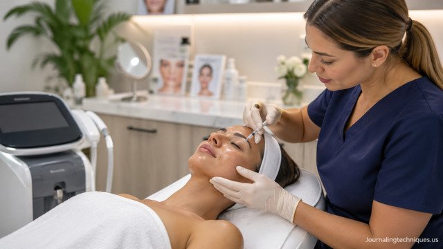Woman receiving professional med spa aesthetic facial treatment in modern clinic