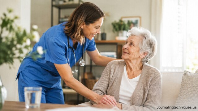 Senior home health provider assisting an elderly woman at home