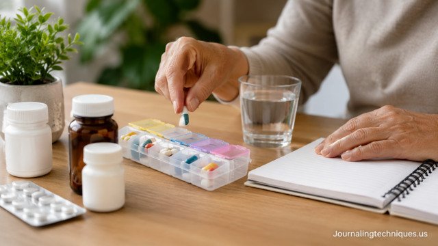 Person organizing medications in a weekly pill organizer on a wooden table