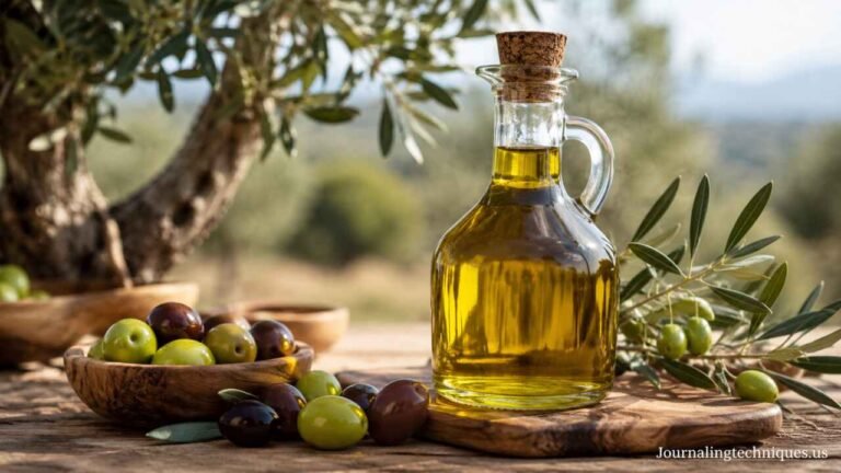 Bottle of extra virgin olive oil with fresh olives on a rustic wooden table