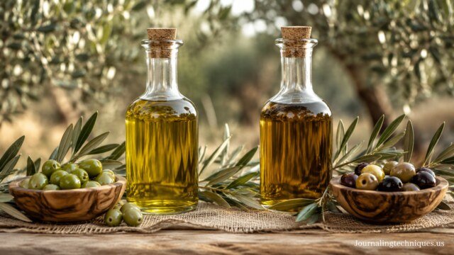 Organic and conventional olive oil bottles with fresh olives on a rustic table