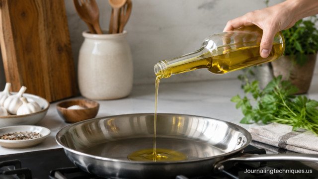 Olive oil being poured into a hot stainless steel pan in a modern kitchen