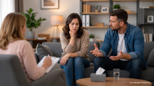 Couple attending therapy session to resolve relationship strain