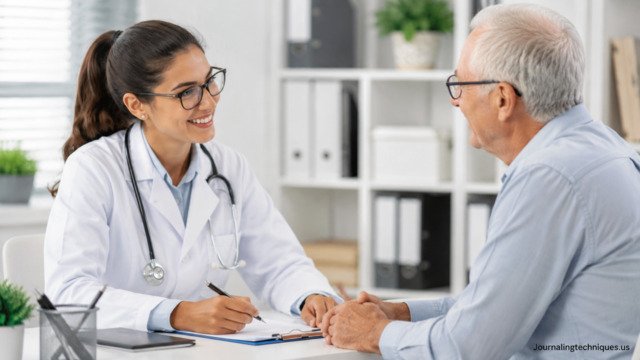Primary care doctor consulting with elderly patient in medical clinic