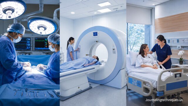 Modern hospital surgery room with imaging equipment and patient care services