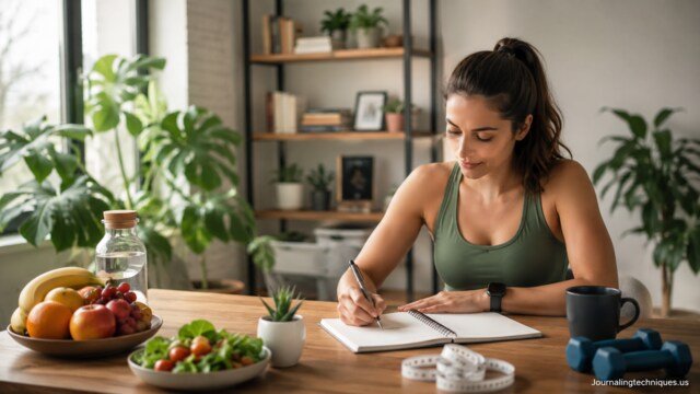Woman planning preventive care and wellness goals at home with healthy lifestyle items