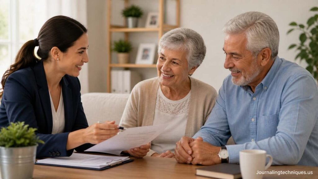 Healthcare worker helping seniors with insurance plan paperwork