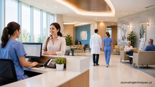Healthcare provider assisting patient in modern hospital facility