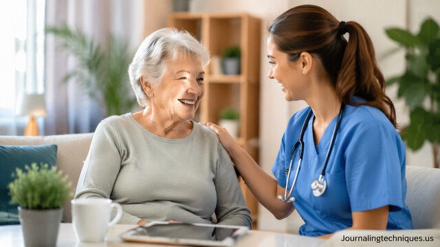 Healthcare provider assisting senior woman at home